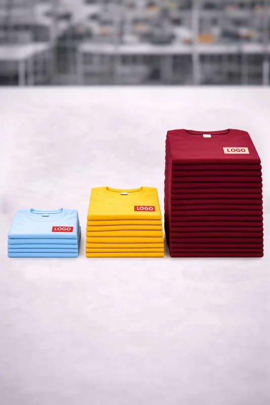 Piles de t-shirts personnalisés pliés représentant différentes quantités de production textile