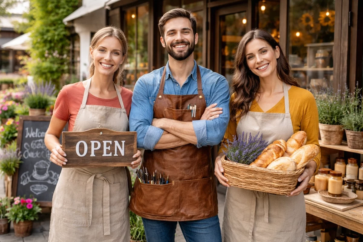 Artisans et commerçants devant leur boutique représentant le commerce local
