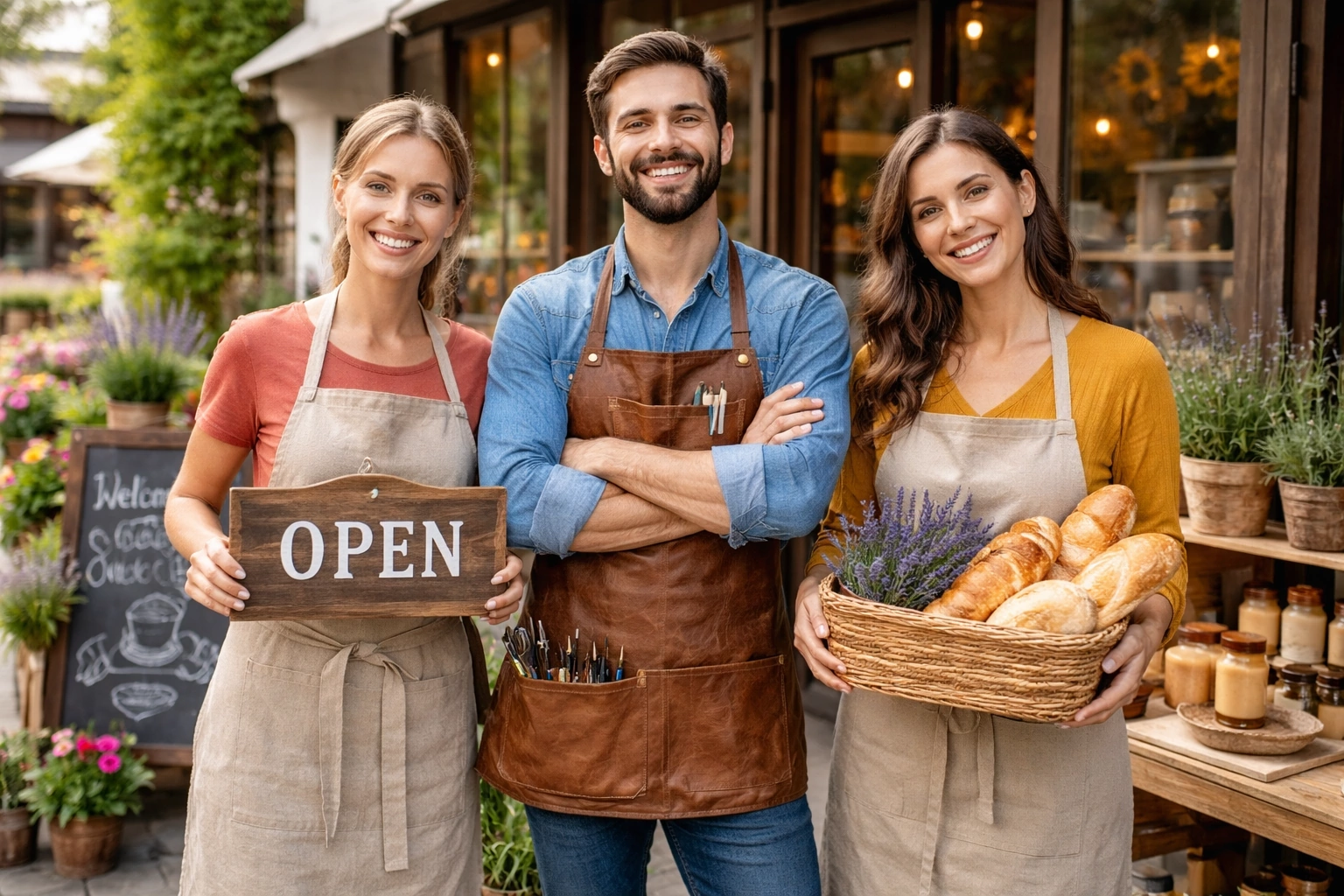 Artisans et commerçants devant leur boutique représentant le commerce local