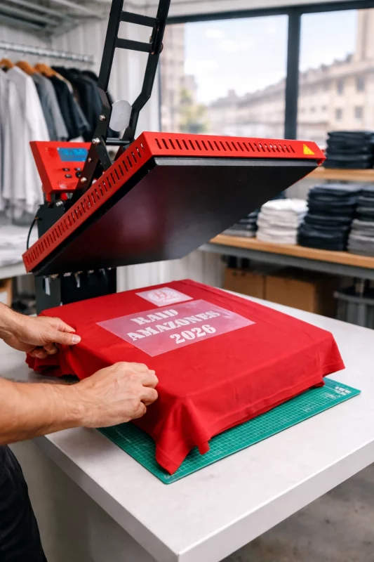 Atelier de marquage textile à Lyon avec presse à chaud