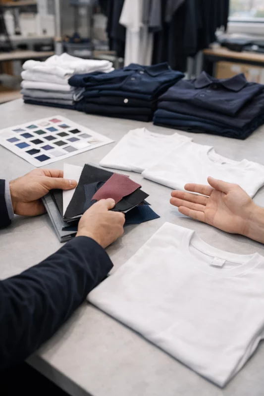 Présentation d’échantillons de tissus et de vêtements vierges pour un projet de personnalisation textile en entreprise
