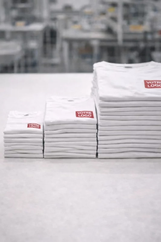Piles de t-shirts personnalisés pliés représentant différentes quantités de production textile
