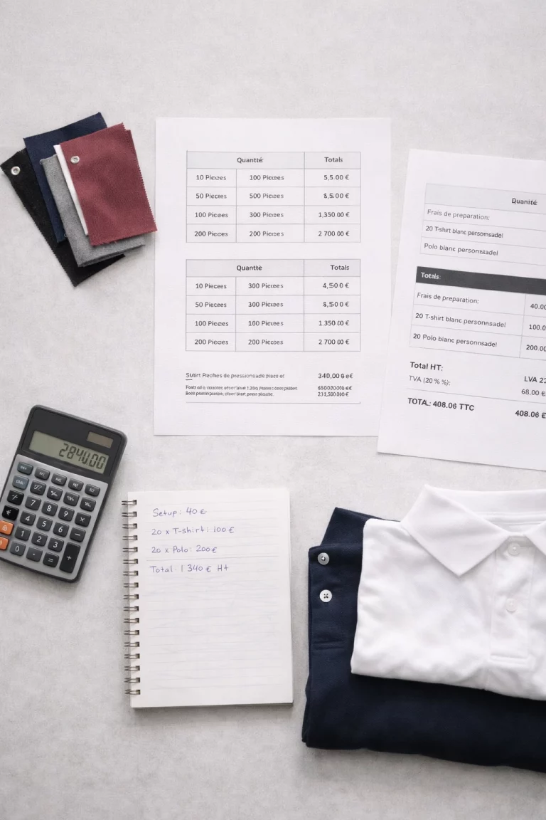 Documents de devis, échantillons de tissus et polo plié sur un bureau lors de l’étude tarifaire d’un projet de textile personnalisé