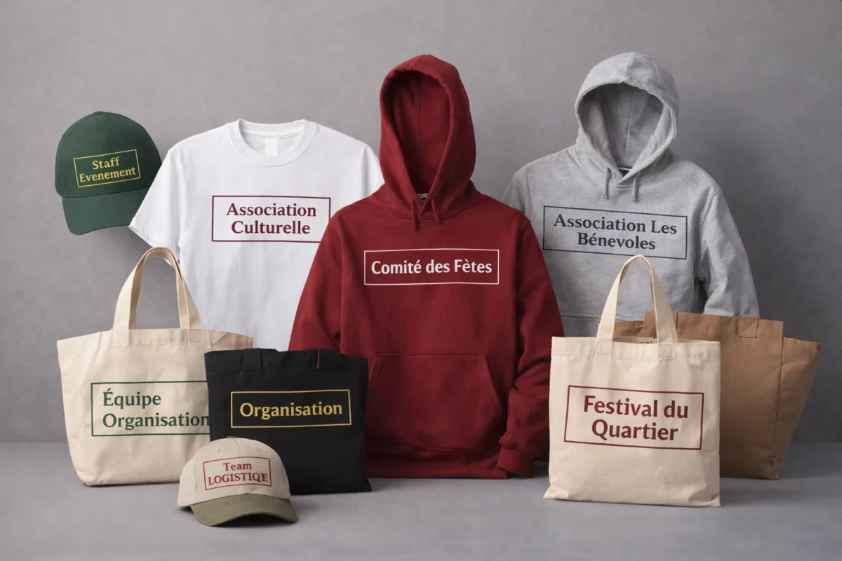 Textiles personnalisés pour associations à Lyon — sweats, t-shirts, sacs et casquettes marqués pour bénévoles, comité des fêtes et équipes d'organisation