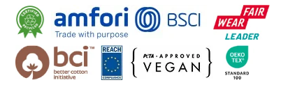 Labels B&C ID.224 : amfori BSCI, Fair Wear Leader, BCI, REACH, PETA Vegan, Oeko-Tex Standard 100